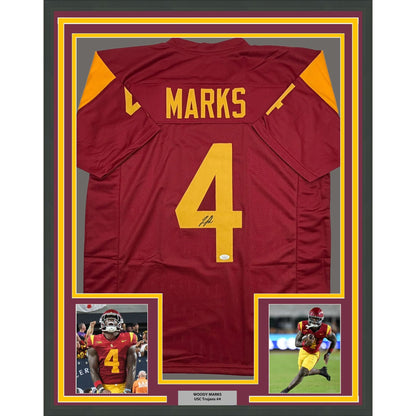 Framed Autographed/Signed Jo'quavious Woody Marks 35x39 USC Southern Cal Red College Football Jersey JSA COA