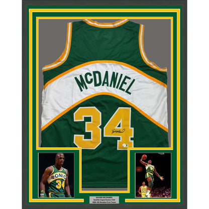 Framed Autographed/Signed Xavier McDaniel 35x39 Seattle Green Basketball Jersey Beckett BAS COA