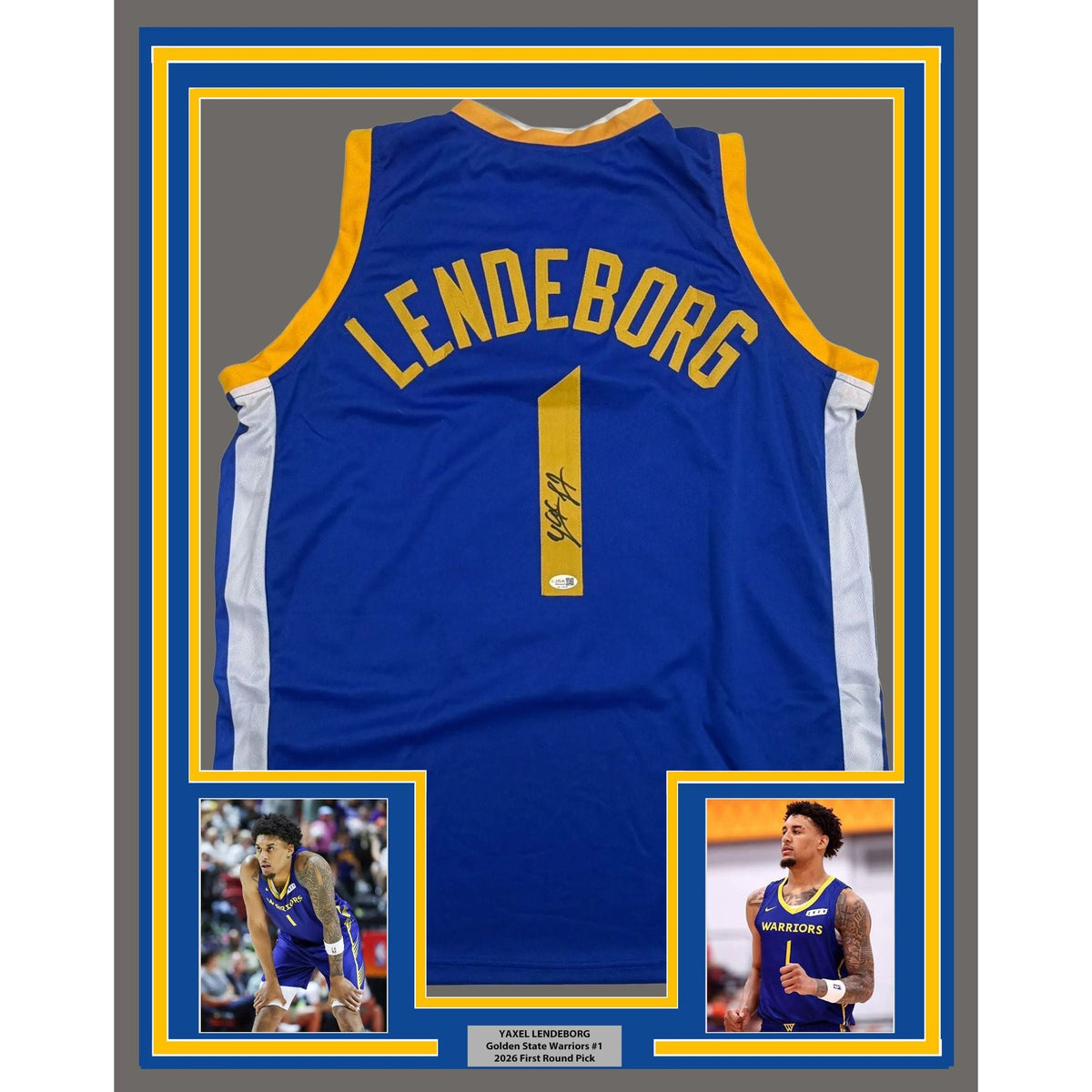 Framed Autographed/Signed Yaxel Lendeborg 35x39 Golden State Blue Basketball Jersey JSA COA