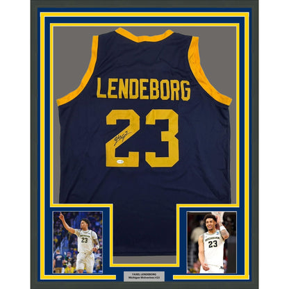 Framed Autographed/Signed Yaxel Lendeborg 35x39 Michigan Blue College Basketball Jersey JSA COA