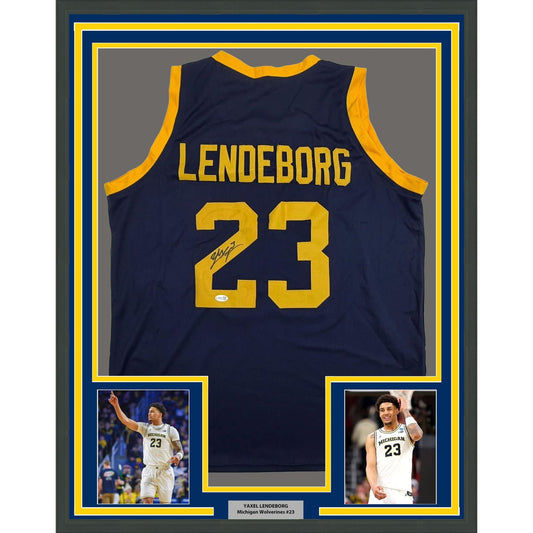 Framed Autographed/Signed Yaxel Lendeborg 35x39 Michigan Blue College Basketball Jersey JSA COA