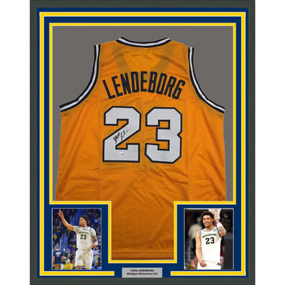 Framed Autographed/Signed Yaxel Lendeborg 35x39 Michigan Yellow College Basketball Jersey JSA COA