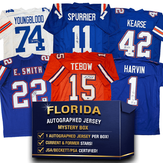 Autographed/Signed University of Florida College Football Jersey Mystery Box with PSA JSA or Beckett COA