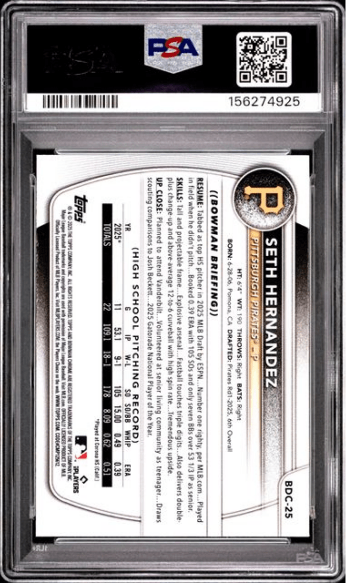 Graded 2025 Topps Bowman Draft Seth Hernandez #BDC25 Chrome Rookie RC Baseball Card PSA 9 Mint