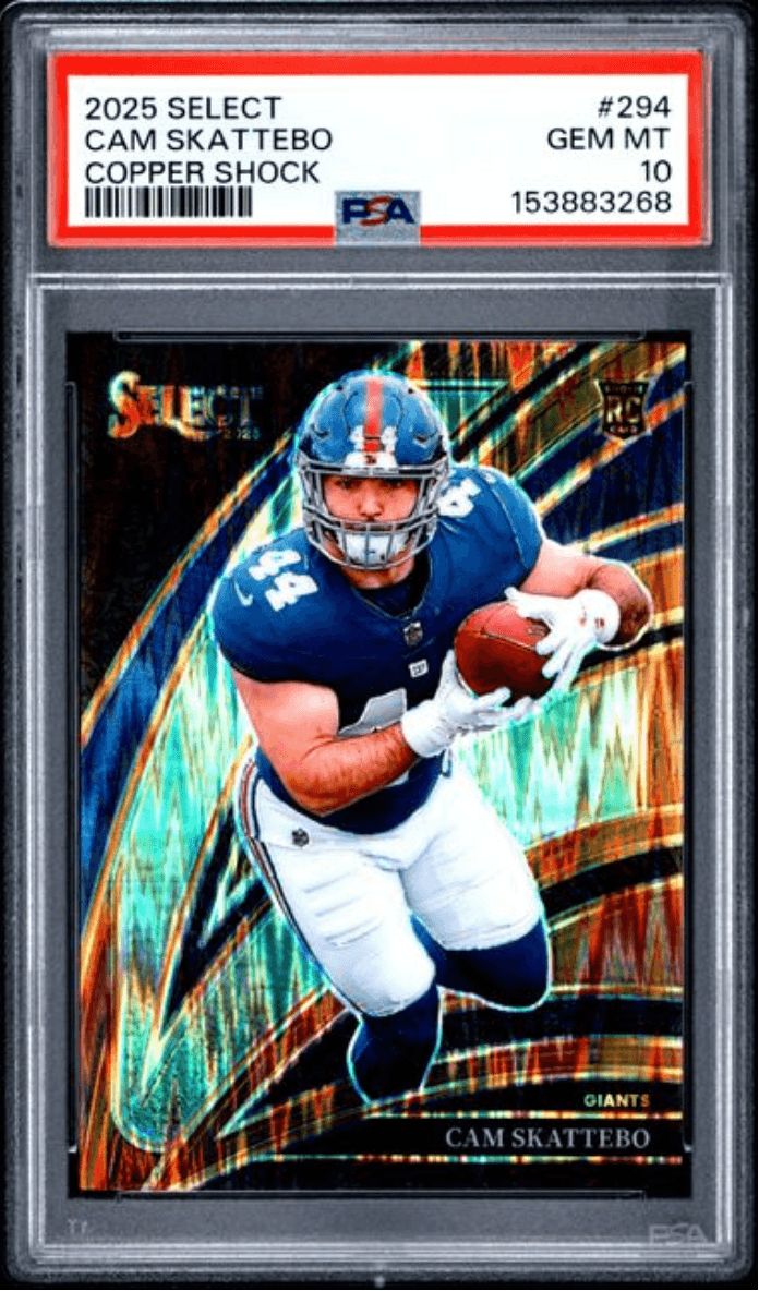 Graded 2025 Panini Select Cam Skattebo #294 Copper Shock Rookie RC Football Card PSA 10 Gem Mint