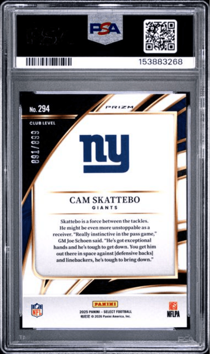 Graded 2025 Panini Select Cam Skattebo #294 Copper Shock Rookie RC Football Card PSA 10 Gem Mint