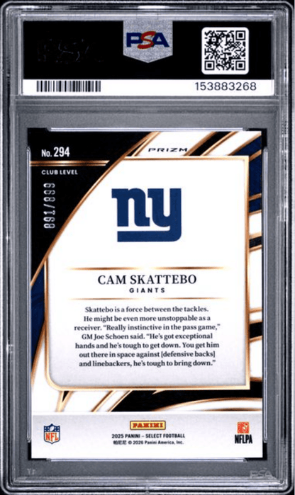 Graded 2025 Panini Select Cam Skattebo #294 Copper Shock Rookie RC Football Card PSA 10 Gem Mint
