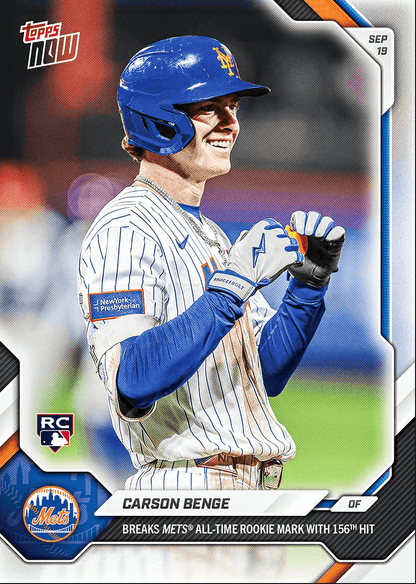 2026 Topps Now Carson Benge #693 Breaks Mets All Time Rookie Mark with 156th Hit New York Mets Rookie RC Baseball Card