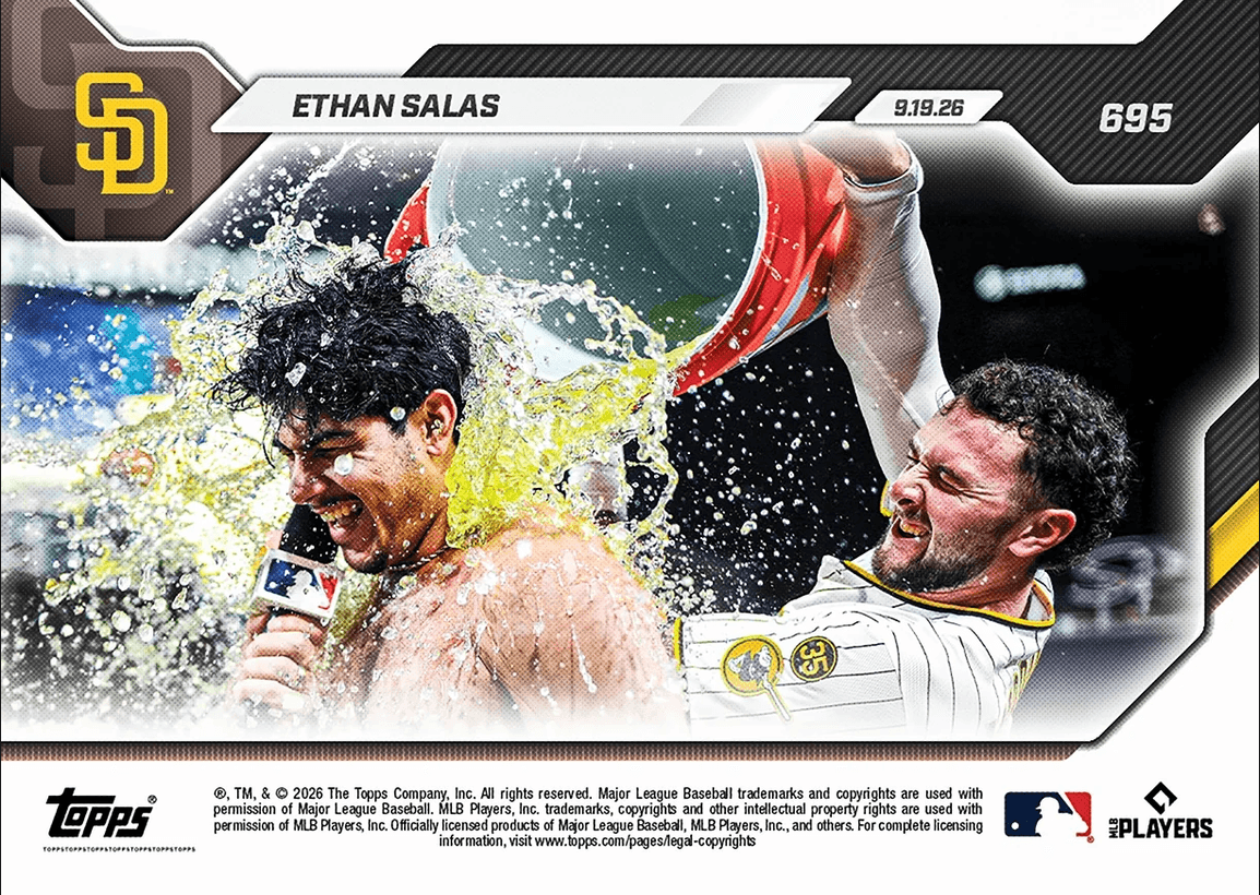 2026 Topps Now Ethan Salas #695 Youngest with Pinch Hit Walk Off in Last 60 Years San Diego Padres Rookie RC Baseball Card