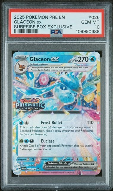 Graded 2025 PKM PRE EN Glaceon ex #026 Surprise Box Exclusive Trading Card Game PSA 10 Gem Mint