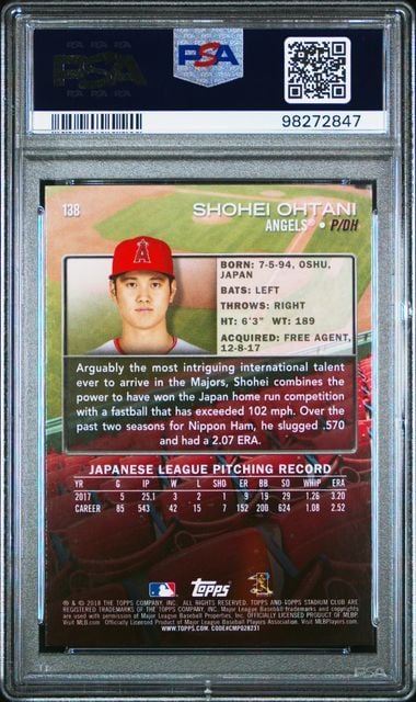 Graded 2018 Topps Stadium Club Shohei Ohtani #138 Rookie RC Baseball Card PSA 10 Gem Mint