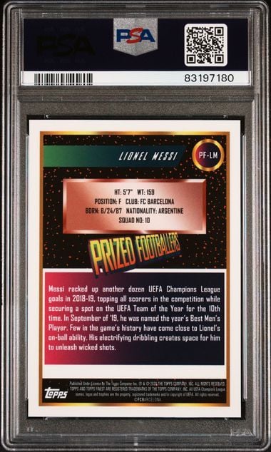 Graded 2019 Topps Finest UCL Lionel Messi #PFLM Prized Footballers Soccer Card PSA 10 Gem Mint
