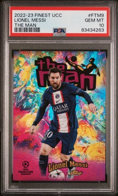 Graded 2022 Topps Finest UCC Lionel Messi #FTM9 The Man Soccer Card PSA 10 Gem Mint