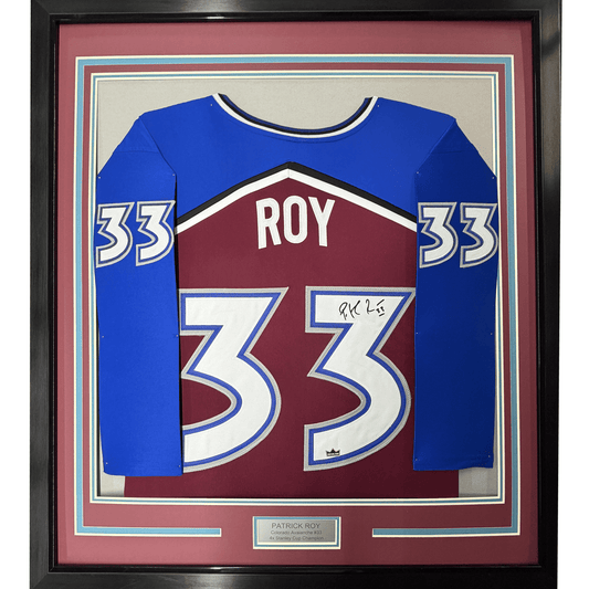 Framed Facsimile Autographed Patrick Roy 35x39 Colorado Maroon Reprint Laser Auto Hockey Jersey