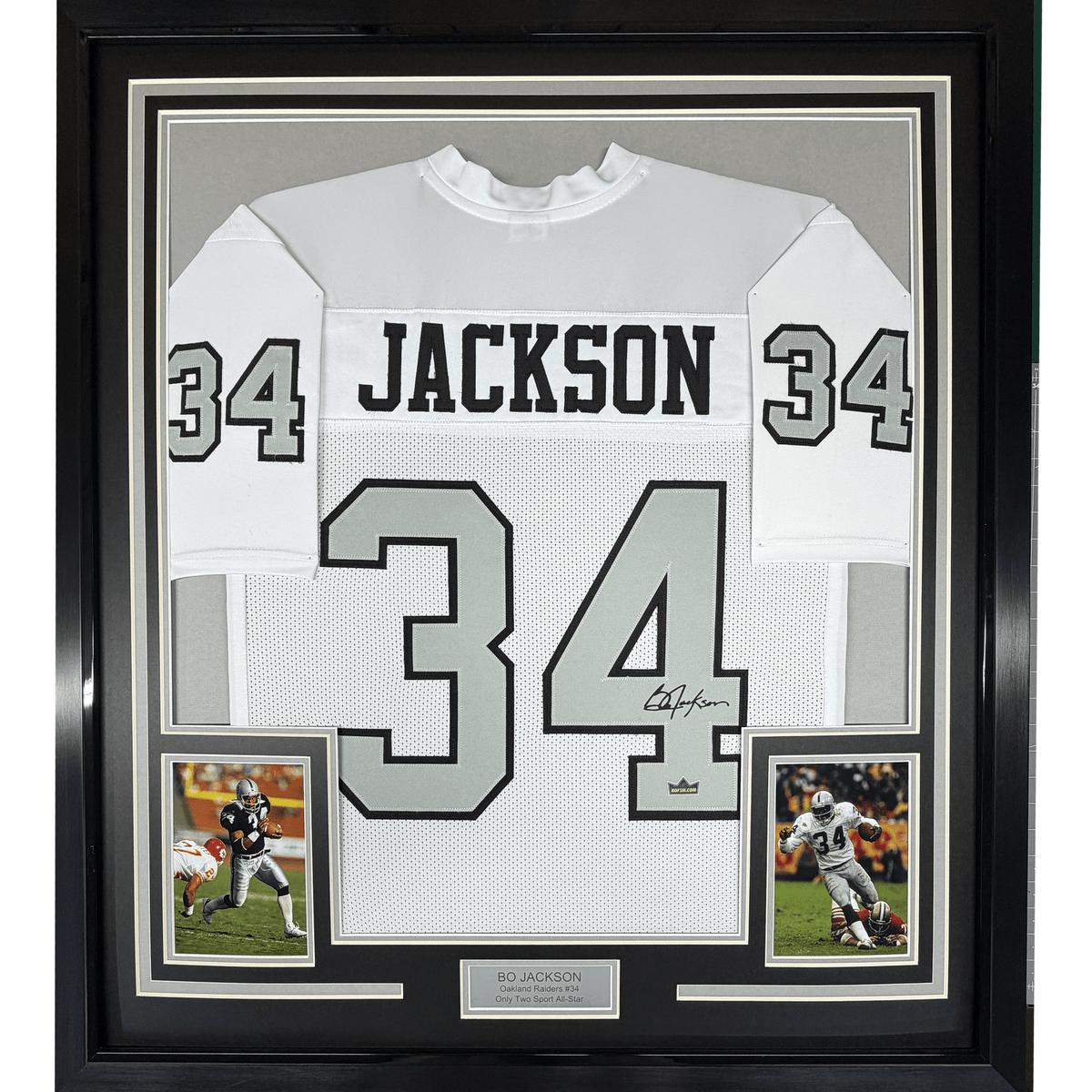 Framed Facsimile Autographed Bo Jackson 35x39 Oakland Las Vegas Color Rush White Reprint Laser Auto Football Jersey Size Men's XL