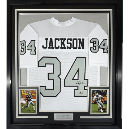 Framed Facsimile Autographed Bo Jackson 35x39 Oakland Las Vegas Color Rush White Reprint Laser Auto Football Jersey Size Men's XL