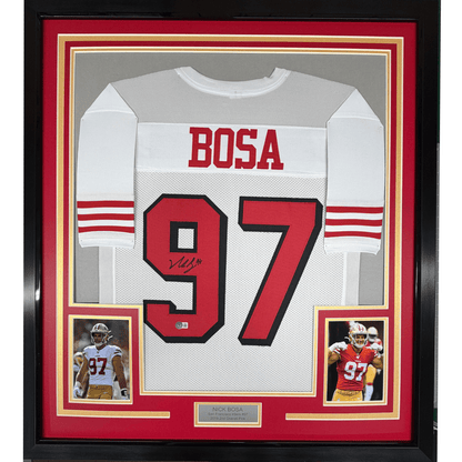 Framed Autographed/Signed Nick Bosa 35x39 San Francisco White Football Jersey JSA COA