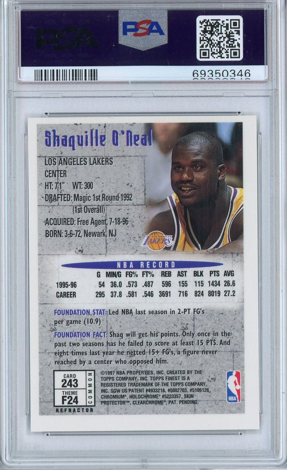 Graded 1996 Finest Shaquille Shaq O'Neal #243 Refractor with Coating Basketball Card PSA 8 NM-MT