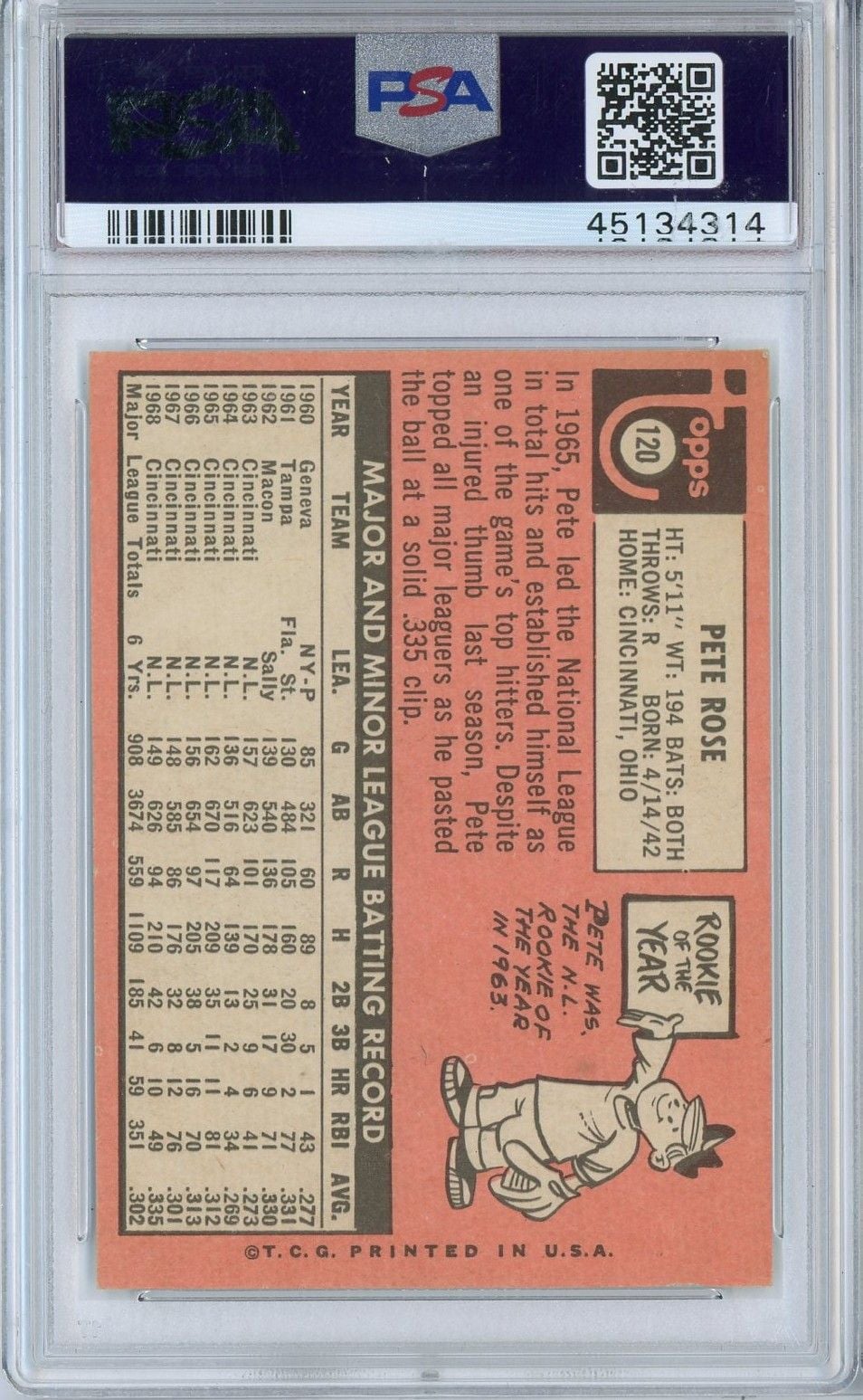 Graded 1969 Topps Pete Rose #120 Baseball Card PSA 4 VG-EX