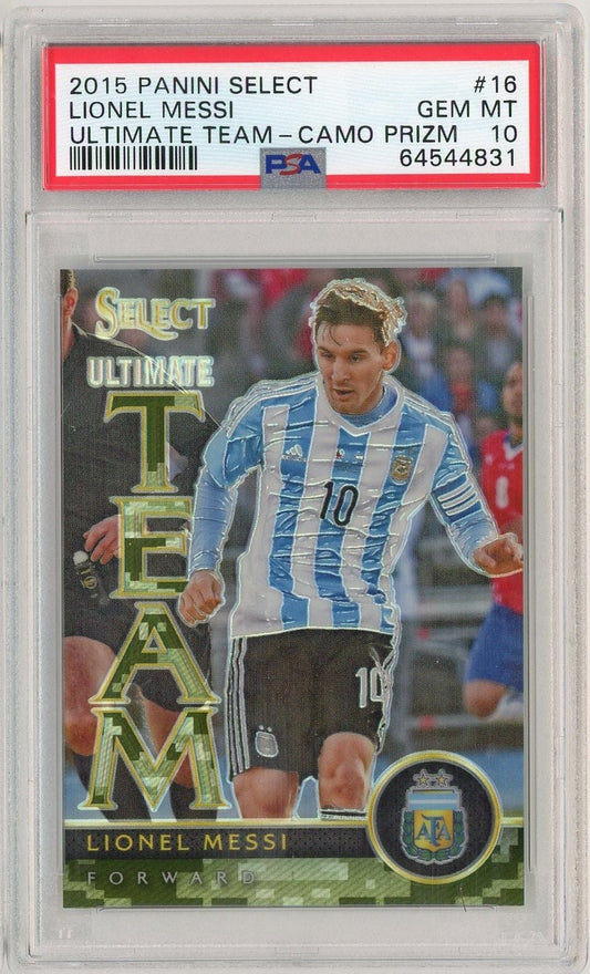 Graded 2015 Panini Select Lionel Messi #16 Ultimate Team Camo Prizm /249 Soccer Card PSA 10 Gem Mint