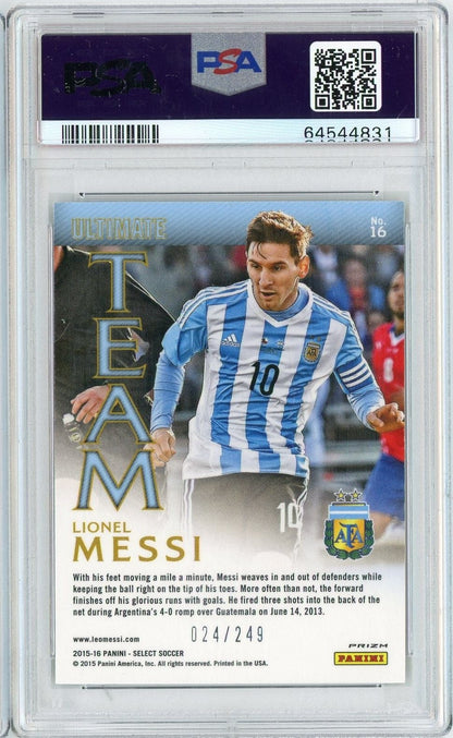 Graded 2015 Panini Select Lionel Messi #16 Ultimate Team Camo Prizm /249 Soccer Card PSA 10 Gem Mint
