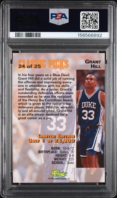 Graded 1994 Classic 4 Sport Grant Hill #24 Classic Picks Rookie RC Basketball Card PSA 8 NM-MT