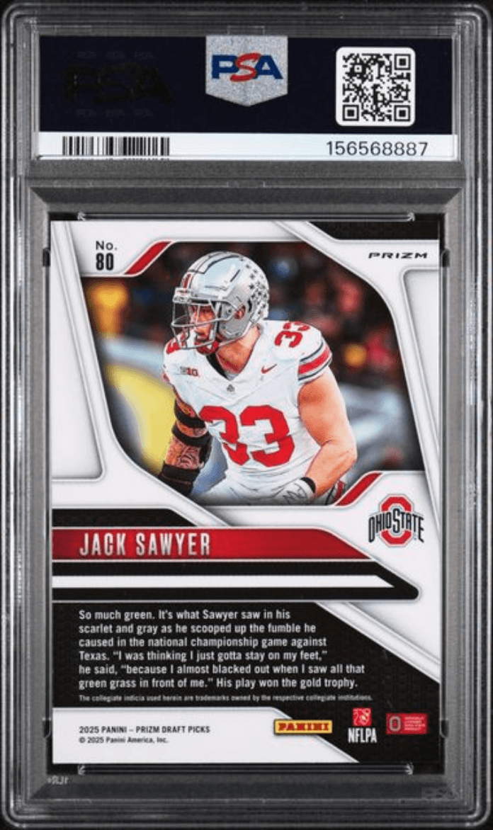 Graded 2025 Panini Prizm Draft Picks Jack Sawyer #80 Red Ice Rookie RC Football Card PSA 10 Gem Mint
