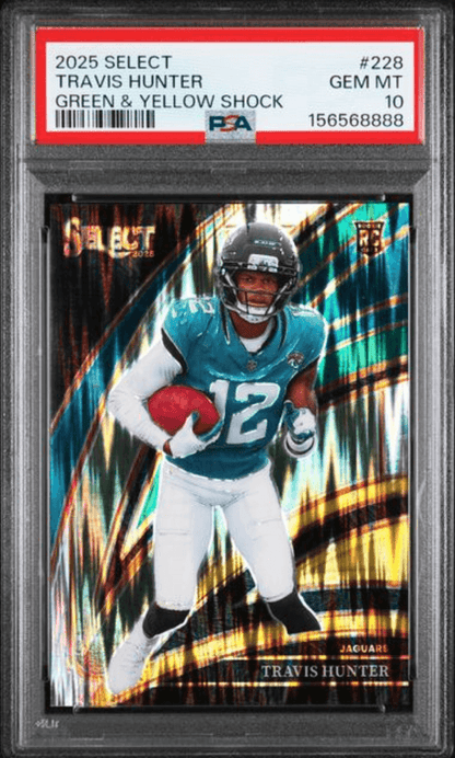 Graded 2025 Panini Select Travis Hunter #228 Green & Yellow Shock Rookie RC Football Card PSA 10 Gem Mint
