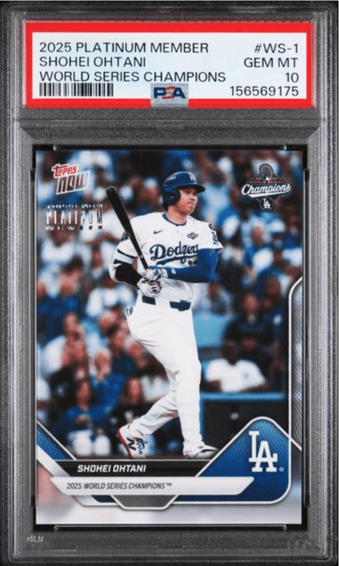 Graded 2025 Topps Now Platinum Member Shohei Ohtani #WS1 World Series Champions Baseball Card PSA 10 Gem Mint