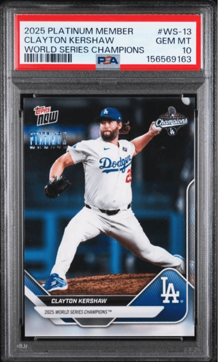 Graded 2025 Topps Now Platinum Member Clayton Kershaw #WS13 World Series Champions Baseball Card PSA 10 Gem Mint