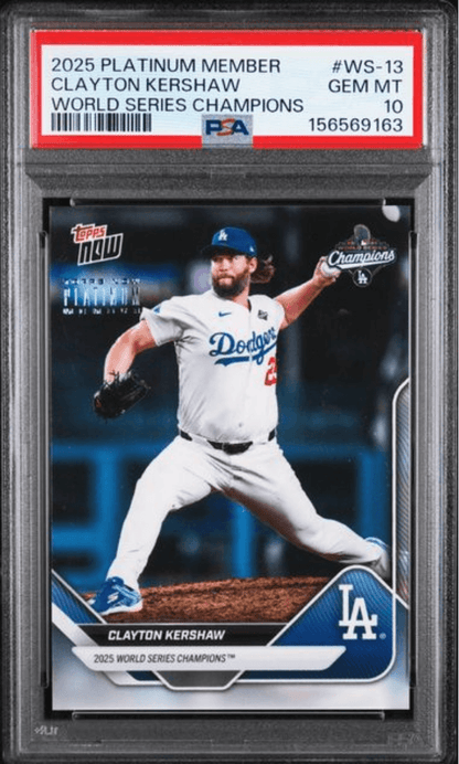 Graded 2025 Topps Now Platinum Member Clayton Kershaw #WS13 World Series Champions Baseball Card PSA 10 Gem Mint