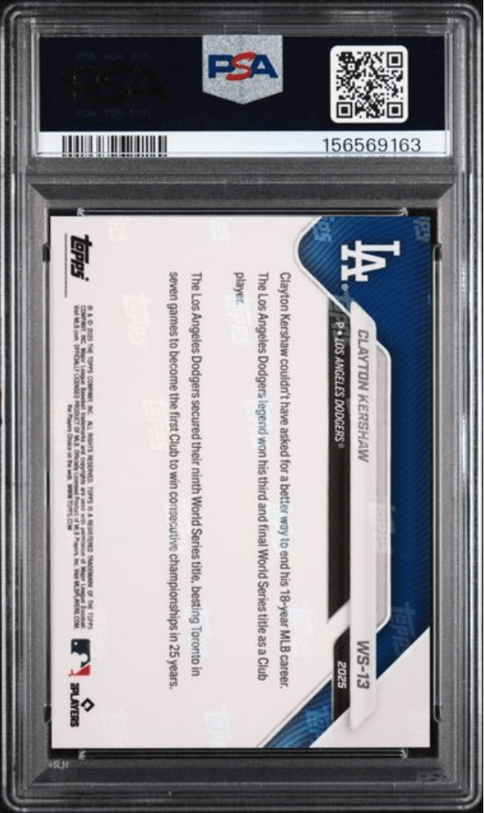 Graded 2025 Topps Now Platinum Member Clayton Kershaw #WS13 World Series Champions Baseball Card PSA 10 Gem Mint