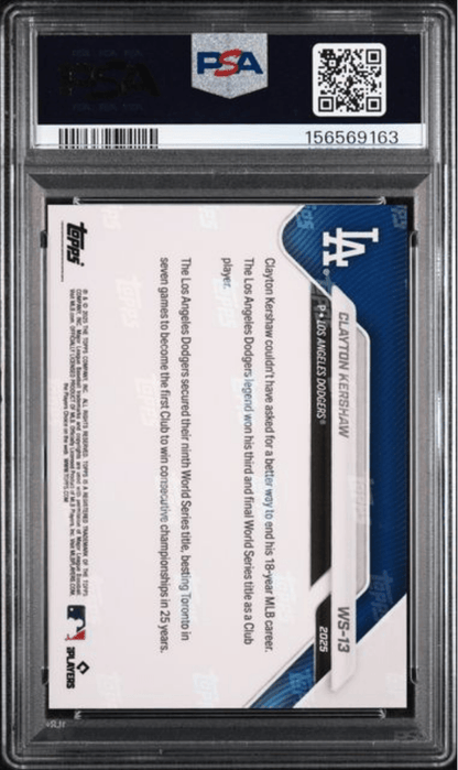 Graded 2025 Topps Now Platinum Member Clayton Kershaw #WS13 World Series Champions Baseball Card PSA 10 Gem Mint