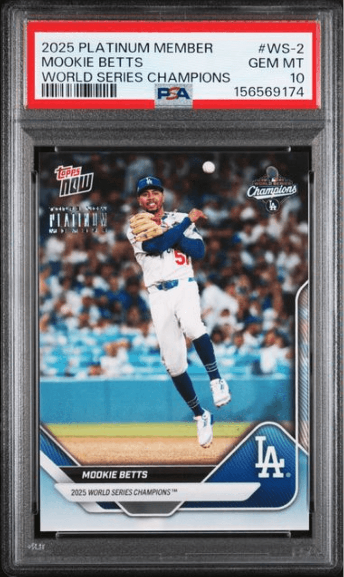Graded 2025 Topps Now Platinum Member Mookie Betts #WS2 World Series Champions Baseball Card PSA 10 Gem Mint