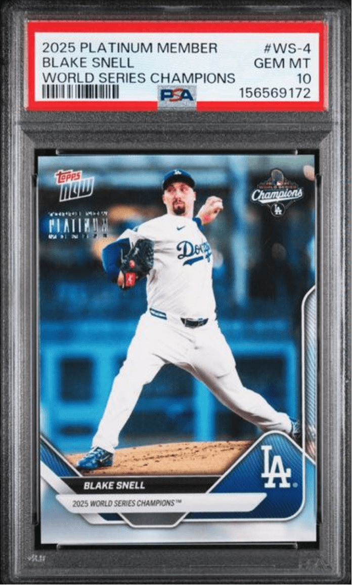 Graded 2025 Topps Now Platinum Member Blake Snell #WS4 World Series Champions Baseball Card PSA 10 Gem Mint