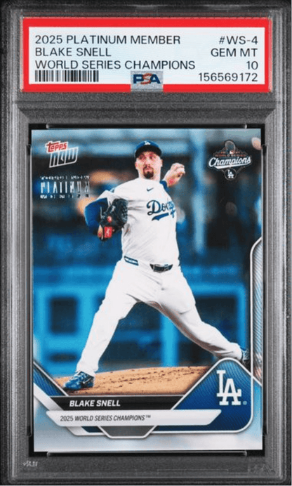 Graded 2025 Topps Now Platinum Member Blake Snell #WS4 World Series Champions Baseball Card PSA 10 Gem Mint