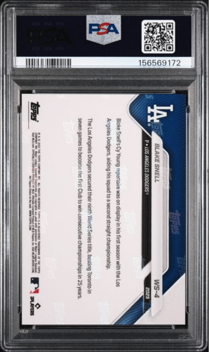 Graded 2025 Topps Now Platinum Member Blake Snell #WS4 World Series Champions Baseball Card PSA 10 Gem Mint