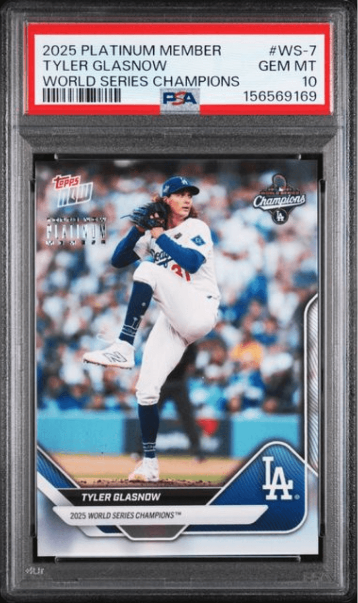 Graded 2025 Topps Now Platinum Member Tyler Glasnow #WS7 World Series Champions Baseball Card PSA 10 Gem Mint