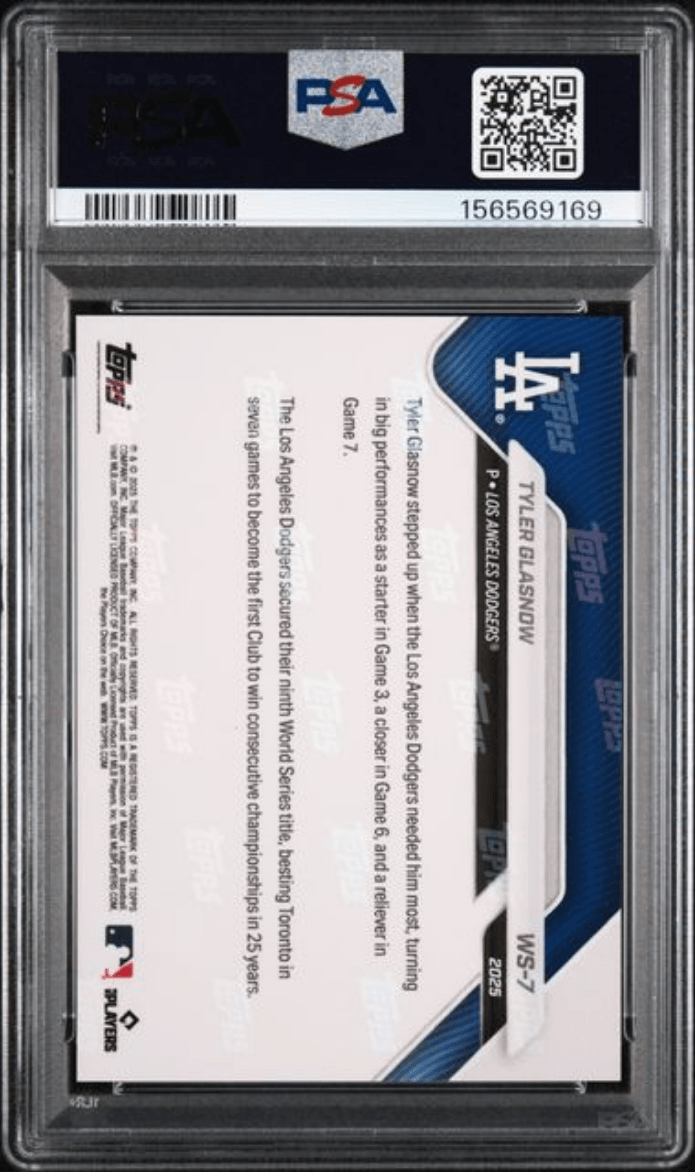 Graded 2025 Topps Now Platinum Member Tyler Glasnow #WS7 World Series Champions Baseball Card PSA 10 Gem Mint