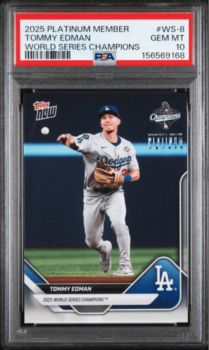 Graded 2025 Topps Now Platinum Member Tommy Edman #WS8 World Series Champions Baseball Card PSA 10 Gem Mint
