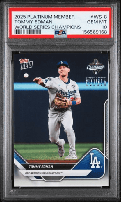 Graded 2025 Topps Now Platinum Member Tommy Edman #WS8 World Series Champions Baseball Card PSA 10 Gem Mint
