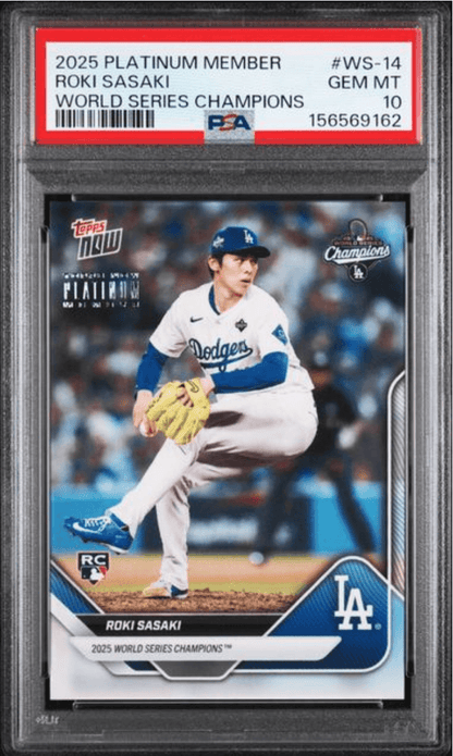 Graded 2025 Topps Now Platinum Member Roki Sasaki #WS14 World Series Champions Rookie RC Baseball Card PSA 10 Gem Mint