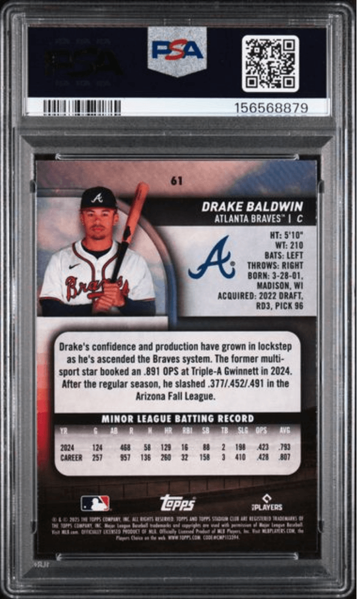 Graded 2025 Topps Stadium Club Drake Baldwin #61 Rookie RC Baseball Card PSA 8 Near Mint
