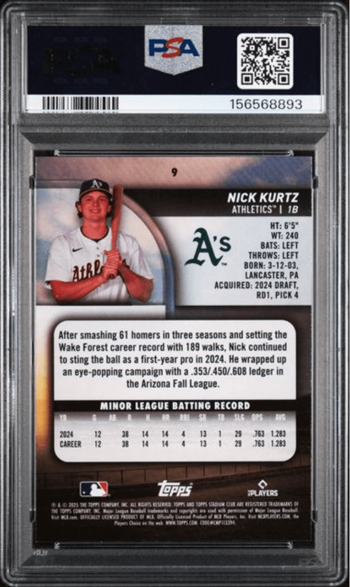 Graded 2025 Topps Stadium Club Nick Kurtz #91 Rookie RC Baseball Card PSA 10 Gem Mint