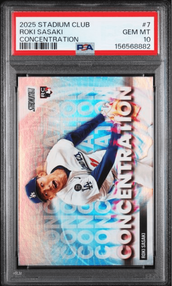 Graded 2025 Topps Stadium Club Roki Sasaki #7 Concentration Rookie RC Baseball Card PSA 10 Gem Mint