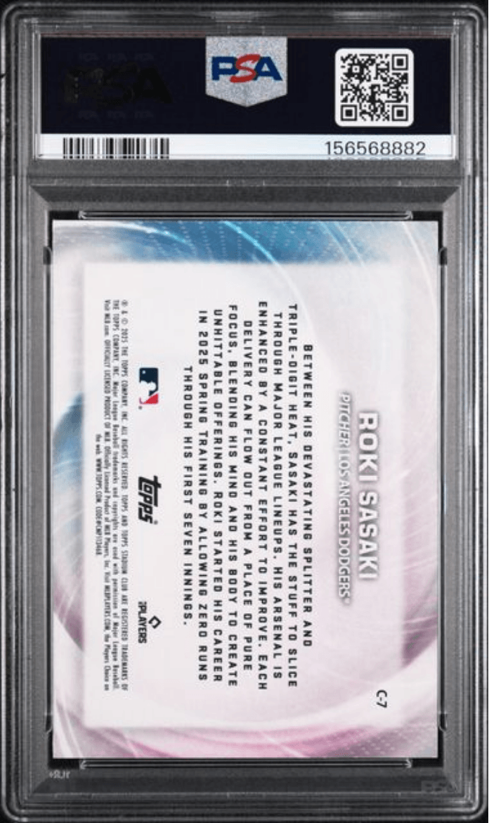 Graded 2025 Topps Stadium Club Roki Sasaki #7 Concentration Rookie RC Baseball Card PSA 10 Gem Mint