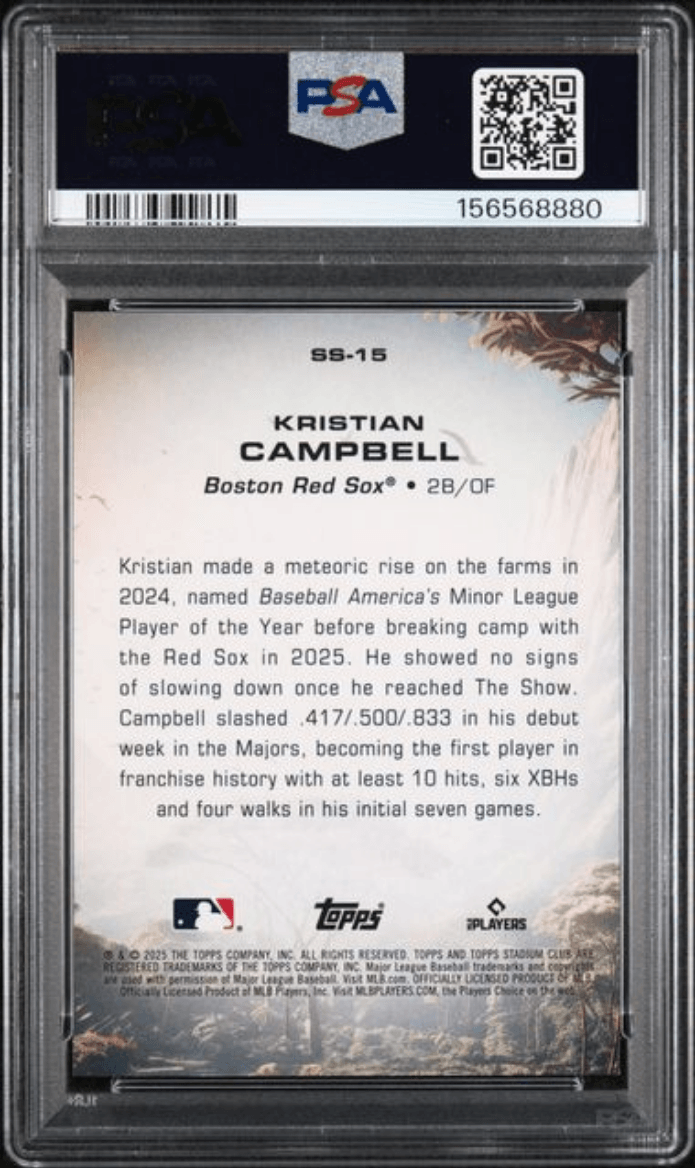 Graded 2025 Topps Stadium Club Kristian Campbell #15 Savage Sluggers Rookie RC Baseball Card PSA 10 Gem Mint