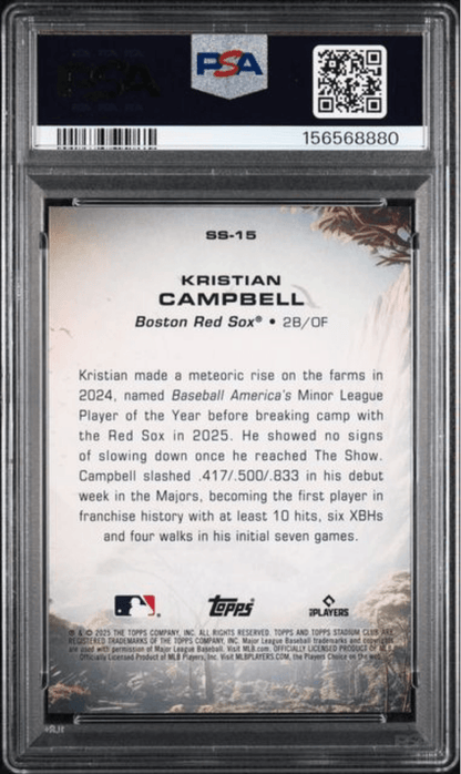 Graded 2025 Topps Stadium Club Kristian Campbell #15 Savage Sluggers Rookie RC Baseball Card PSA 10 Gem Mint