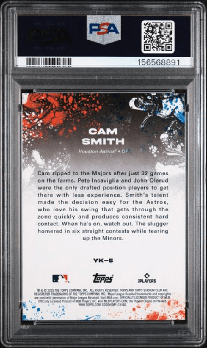 Graded 2025 Topps Stadium Club Cam Smith #5 Yours for the Taking Rookie RC Baseball Card PSA 10 Gem Mint