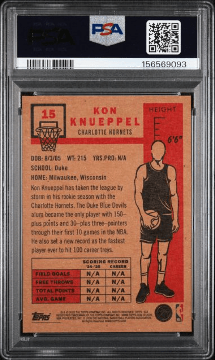 Graded 2026 Topps Living Kon Knueppel #15 Rookie RC Basketball Card PSA 10 Gem Mint